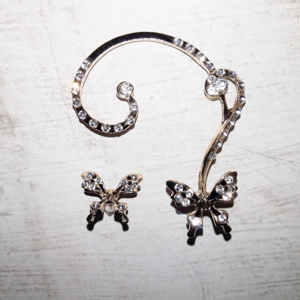 Pair Gold Crystal Butterfly Swirl Ear Cuff Earring - Picture 3 of 4